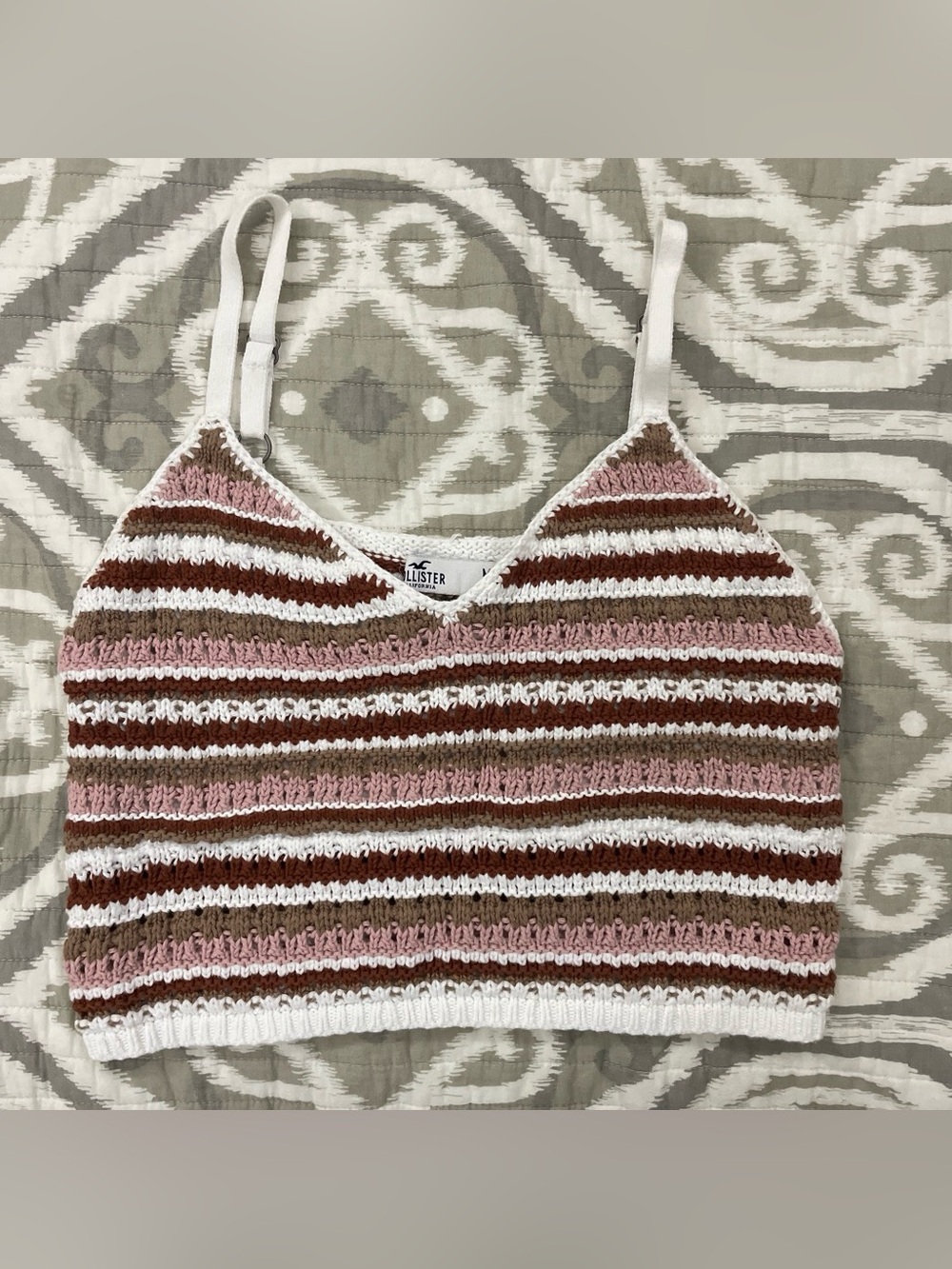 Hollister Pink White Brown Striped Knit Cropped Cami